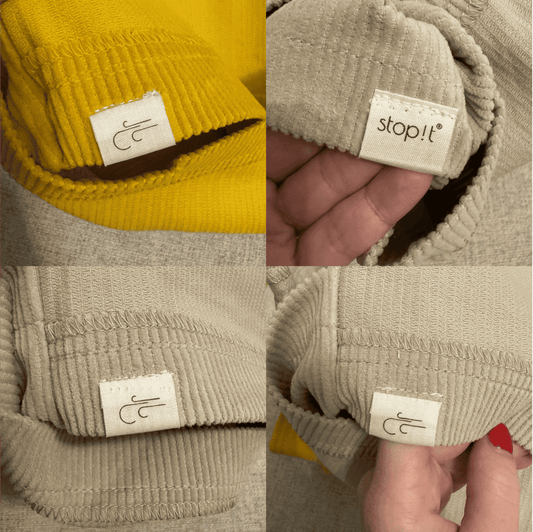 Vier Abbildungen der optisch fehlerhaften stop!t Label-Anbringung an Hot Cordie Wärmekissen.